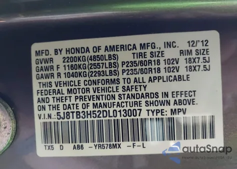 2013 Acura Rdx из США, поврежденный, VIN 5J8TB3H52DL013007